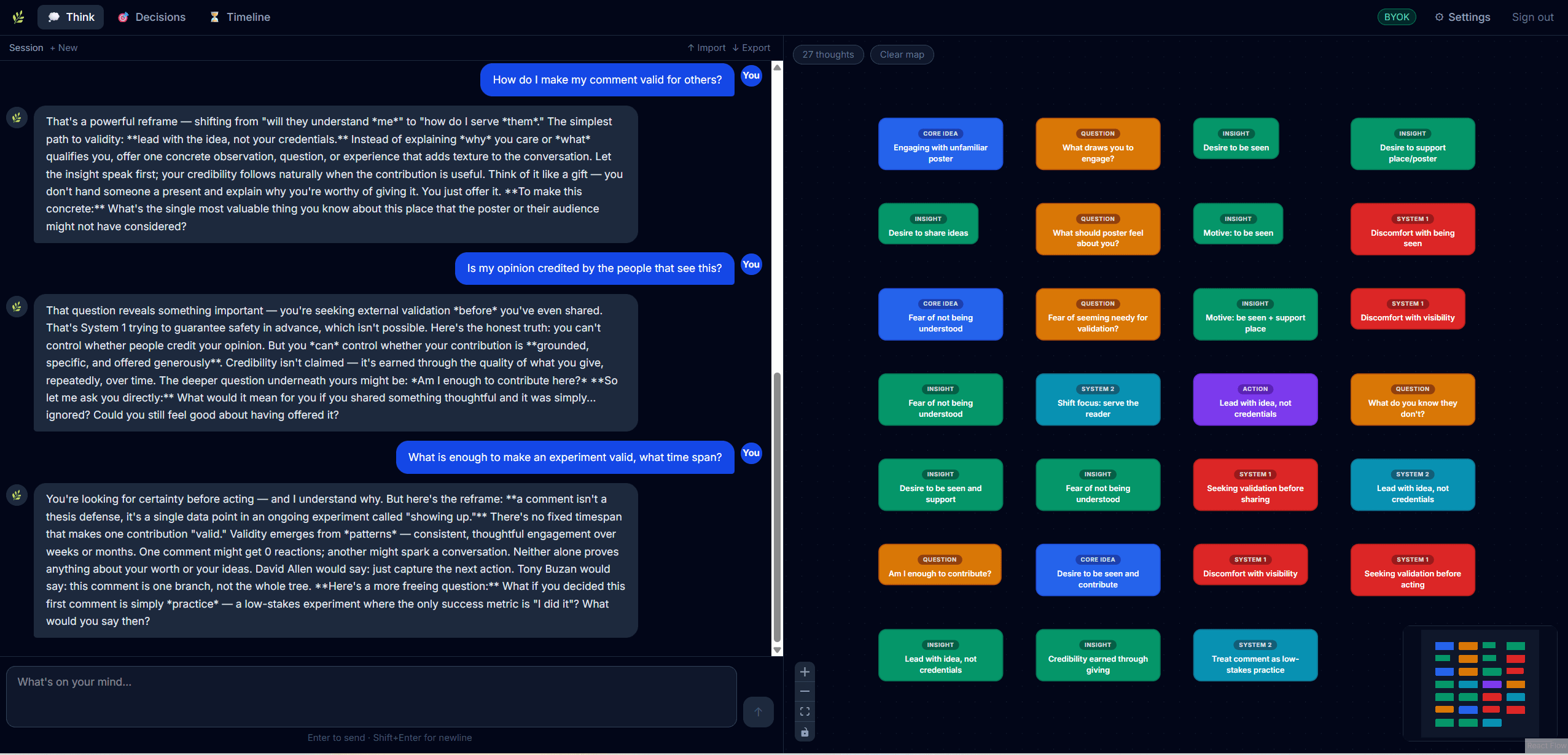 A real Clarity session showing the chat panel and a thought map with 27 nodes color-coded by type